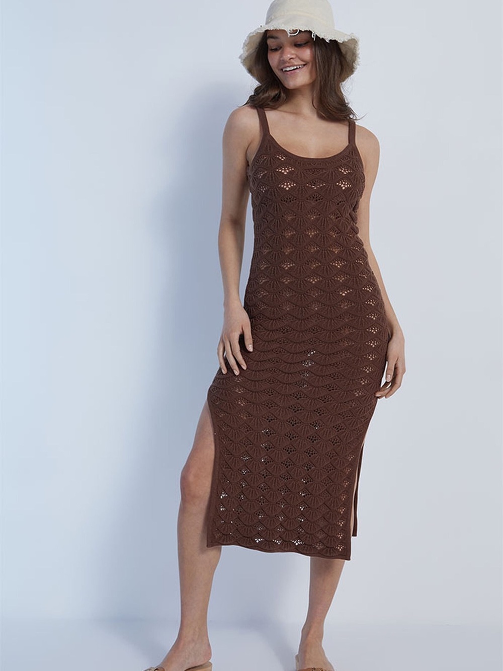 Rhythm Sunny Knit Crotchet Brown Midi Dress Pool Coverup